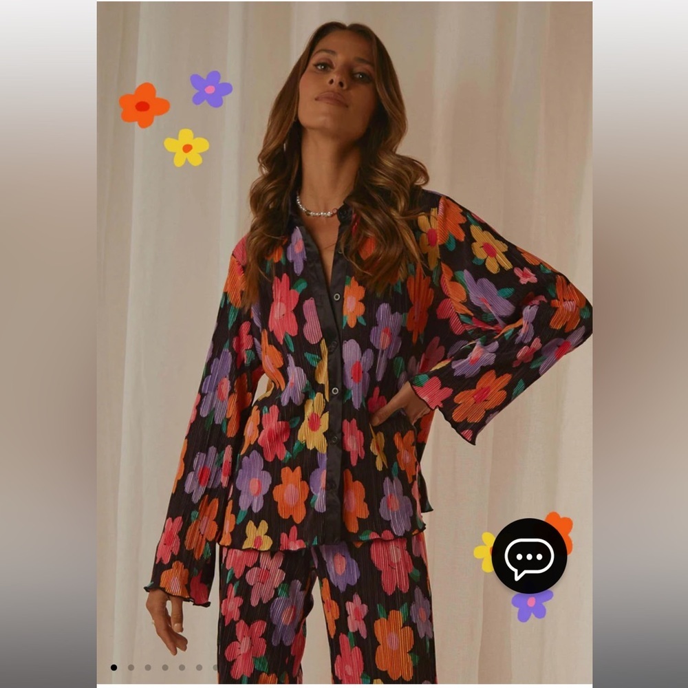 Women 2 Piece Floral set - Button Down Long Sleeve Shirt+Wide Leg Pants - Picture 3 of 7